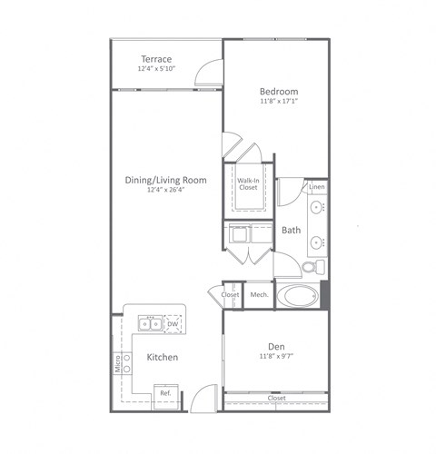 Floor plan for 1 bed, 1 bath, 1040 sqft